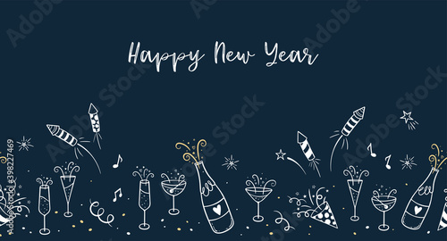 Lovely hand drawn New Years Design, doodle firework, cocktails, streamers and decoration, great for party invitations, banners, wallpapers - vector design