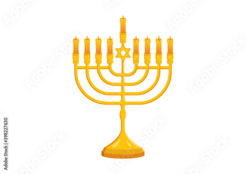 Golden menorah with star of david icon vector. Gold menorah icon isolated on a white background. Beautiful jewish candlestick with burning candles icon vector