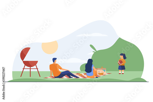 Happy family with kid relaxing on nature. Picnic, girl, BBQ flat vector illustration. Summer activity and weekend concept for banner, website design or landing web page