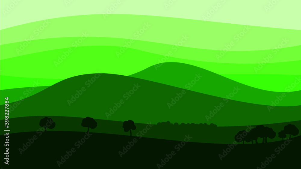 vector background layer mountains with trees, flat design, shades of green gradations, elegant and minimalist, suitable for design elements themed nature, environment and modern