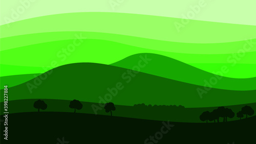 vector background layer mountains with trees  flat design  shades of green gradations  elegant and minimalist  suitable for design elements themed nature  environment and modern