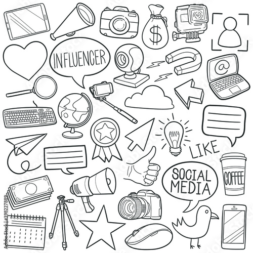 Influencer doodle icon set. Internet  Vector illustration collection. Social Media Banner Hand drawn Line art style.