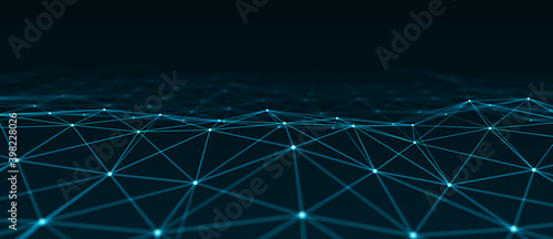 Perspective network of connected dots and lines. Abstract dynamic wave of many points. Digital background. 3D rendering.