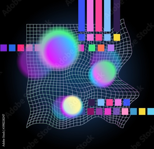 Distorted neon grid pattern and glowing spheres. Abstract background. Retro wave, synthwave, rave, vapor. Blue, black, pink purple colors. Trendy retro 80s, 90s style. Print, poster, banner.