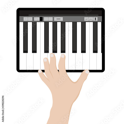 Young boy or girl playing classic digital piano at home during online class at home, social distance during quarantine, self-isolation, online education concept