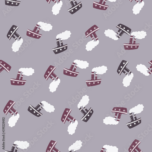 Random seamless pattern with doodle steam ship purple ornament. Light purple background.