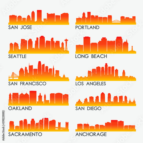 West Coast USA Skyline City Silhouette Design Collection. Vector Illustration Set Clip Art.