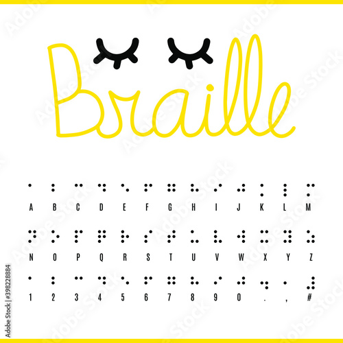 Braille alphabet, numbers 0 to 9 and punctuation. Decorated with lettering with eyes closed.