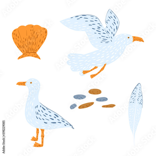 Set gulls isolated on white background. Hand drawn cute cartoon character gull fly, stand, pebble, seashell and feather.