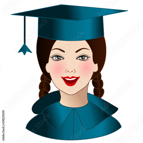 emoji with happy graduate student, girl wearing a graduation hat, funny cartoon character with simplistic facial expression, simple hand drawn vector emoticon