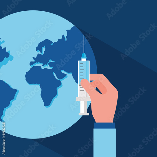 covid19 vaccine hope poster with hand injecting earth planet