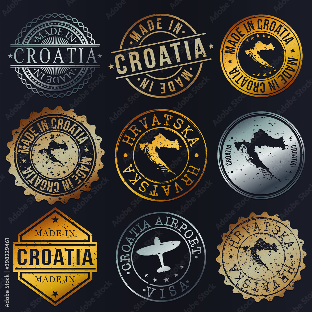 Naklejka premium Croatia Quality Germany Metal Stamps. Gold Made In Product Seal. National Logo Icon. Symbol Design Insignia Country.