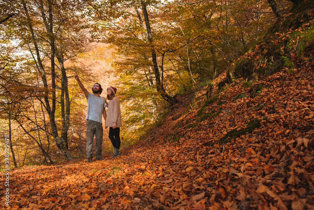 Young couple admiring the forest covered by leafs in autumn.