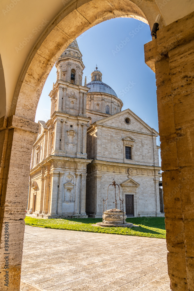 The Temple of San Biagio, imposing travertine church, in the middle of the Tuscan countryside, Montepulciano, Siena