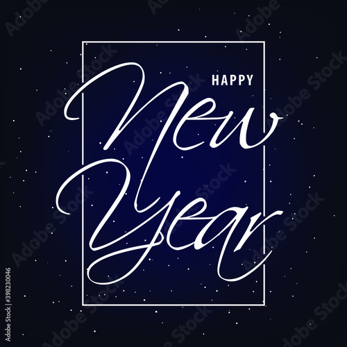 Happy New Year white text hand lettering. Vector illustration. Design element for posters  banners  flyers  greetings  invitation and gift card