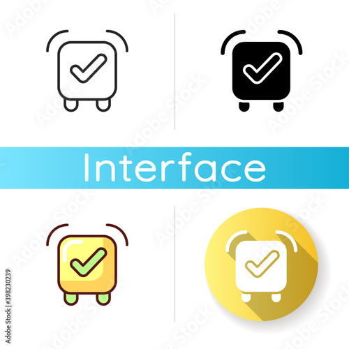 Alarm clock app icon. Alerting at specified time. Awakening from night sleep, short naps. Normalizing sleep schedules. Linear black and RGB color styles. Isolated vector illustrations