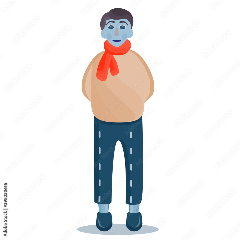 Frostbitten man frozen with turns on his pants isolated on a white background. Frostbite in the cold season. Vector illustration.. Frostbitten man frozen with turns on his pants isolated on a white background. Frostbite in the cold season. Vector illustration..