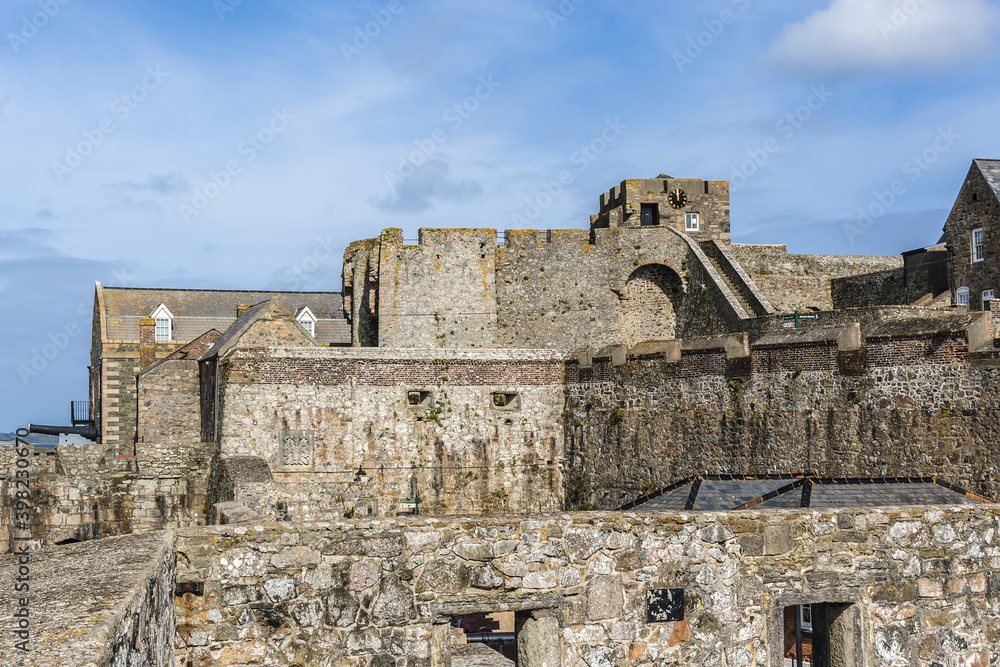 View of Castle Cornet. Castle Cornet has guarded Saint Peter Port for 800 years. British Crown dependency in English Channel off coast of Normandy.