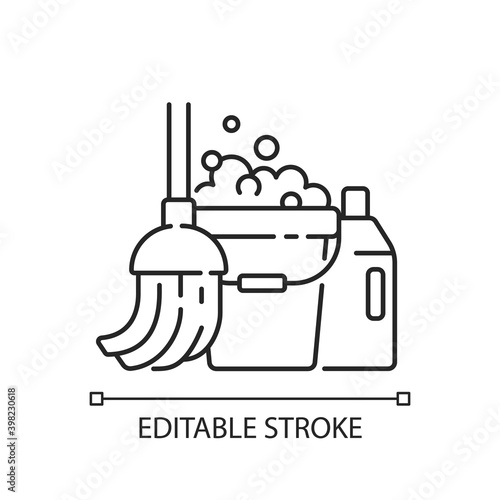 Floor mopping linear icon. Household chore, washing floors. Domestic cleanup thin line customizable illustration. Contour symbol. Janitorial service. Vector isolated outline drawing. Editable stroke