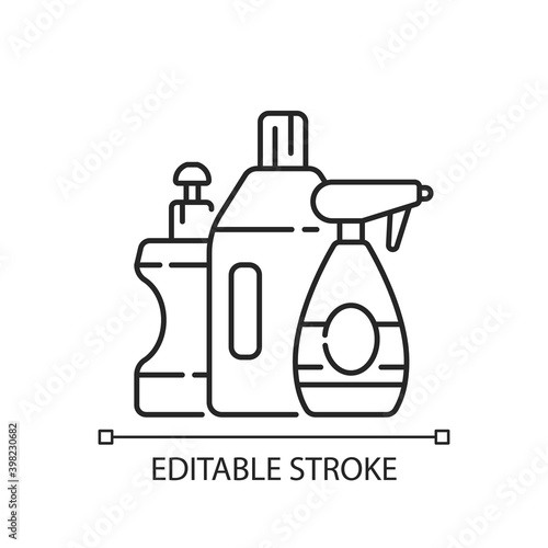Cleaning products linear icon. Janitorial supplies, household cleaning and housekeeping thin line customizable illustration. Contour symbol. Vector isolated outline drawing. Editable stroke