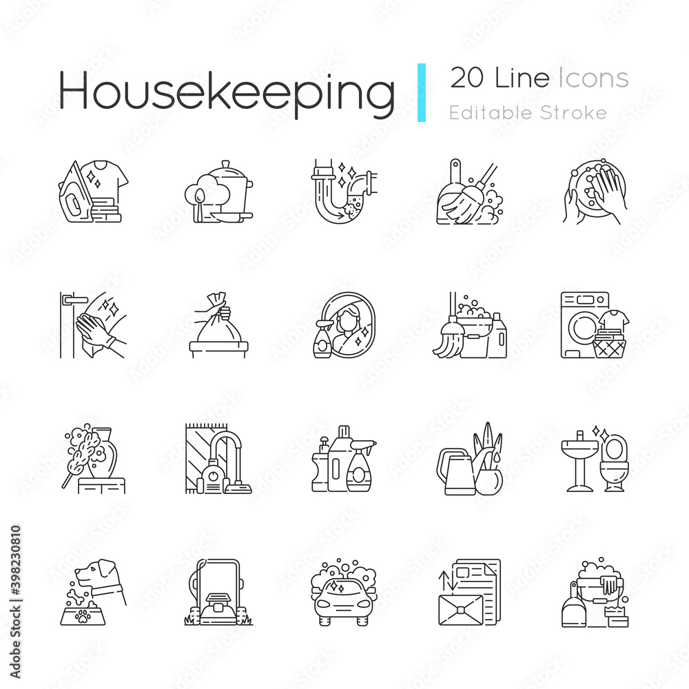 Housekeeping linear icons set. Keeping home clean and neat. Different housework, domestic chores customizable thin line contour symbols. Isolated vector outline illustrations. Editable stroke