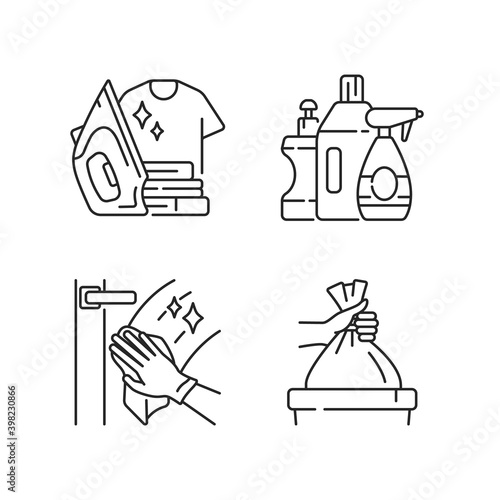 Housework linear icons set. Ironing clothing, washing window, taking out trash and cleaning products. Customizable thin line contour symbols. Isolated vector outline illustrations. Editable stroke