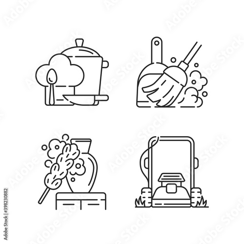 Household chores linear icons set. Cooking dinner, floor sweeping, dusting and lawn mowing customizable thin line contour symbols. Isolated vector outline illustrations. Editable stroke