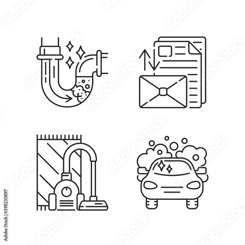 Housekeeping services linear icons set. Plumbing, mail sorting, vacuum cleaning and car washing customizable thin line contour symbols. Isolated vector outline illustrations. Editable stroke