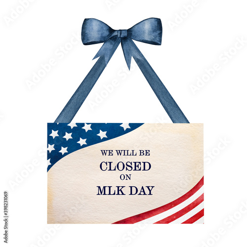 Beautiful greeting card with the image of the American Flag. Textured wood surface. Close-up, view from above. Congratulations for family, relatives, friends and colleagues