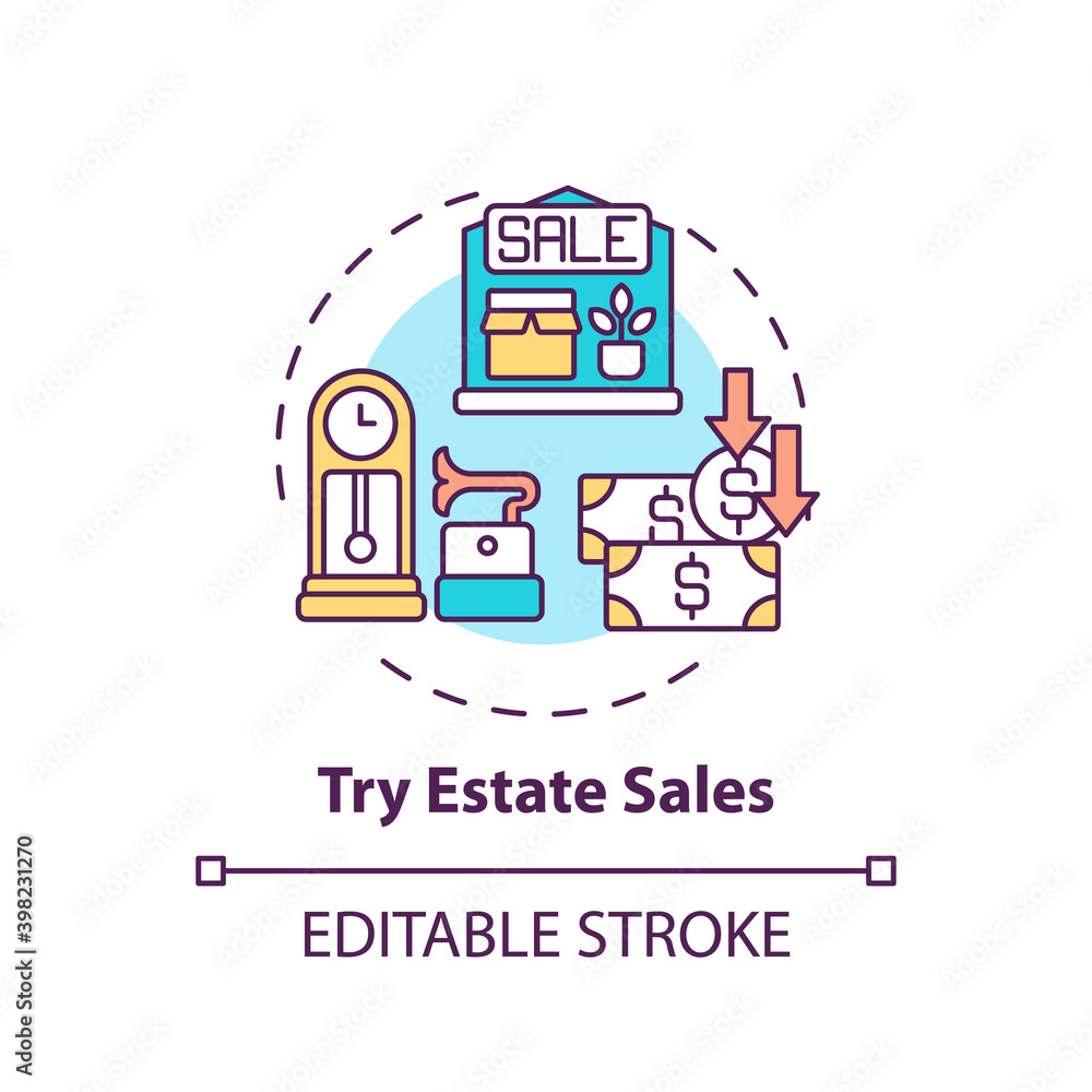 Trying estate sales concept icon. Tag sales idea thin line illustration. Shopping tip. Making money off unwanted possessions. Vector isolated outline RGB color drawing. Editable stroke