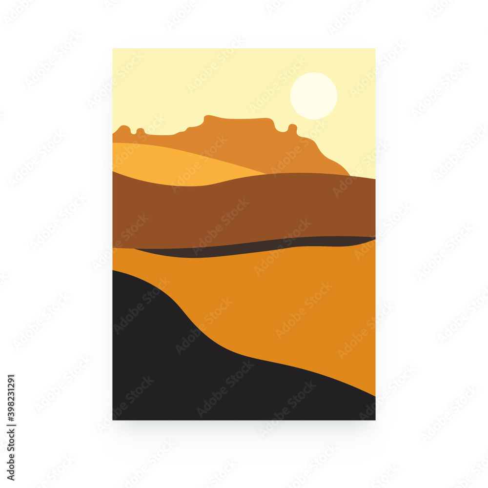 Abstract landscape poster. Modern boho sun and mountains background, contemporary minimalist wall decor. Vector art print Abstract landscape poster. Modern boho sun and mountains background, contemporary minimalist wall decor. Vector art print