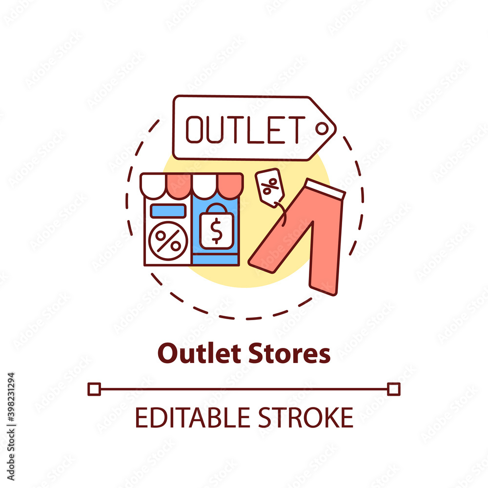 Outlet stores concept icon. Saving money on buying clothing idea thin line illustration. Low prices, bargains. Clothes, accessories store. Vector isolated outline RGB color drawing. Editable stroke Outlet stores concept icon. Saving money on buying clothing idea thin line illustration. Low prices, bargains. Clothes, accessories store. Vector isolated outline RGB color drawing. Editable stroke