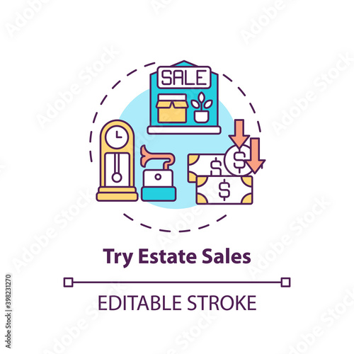 Trying estate sales concept icon. Tag sales idea thin line illustration. Shopping tip. Making money off unwanted possessions. Vector isolated outline RGB color drawing. Editable stroke