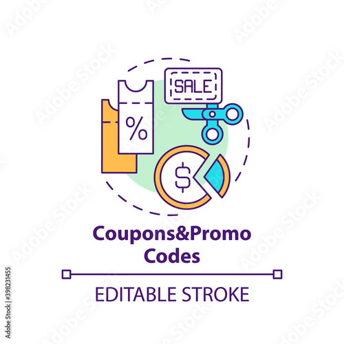 Coupons and promo codes concept icon. Shopping tip idea thin line illustration. Extra discount on next purchase. Attracting customers. Vector isolated outline RGB color drawing. Editable stroke