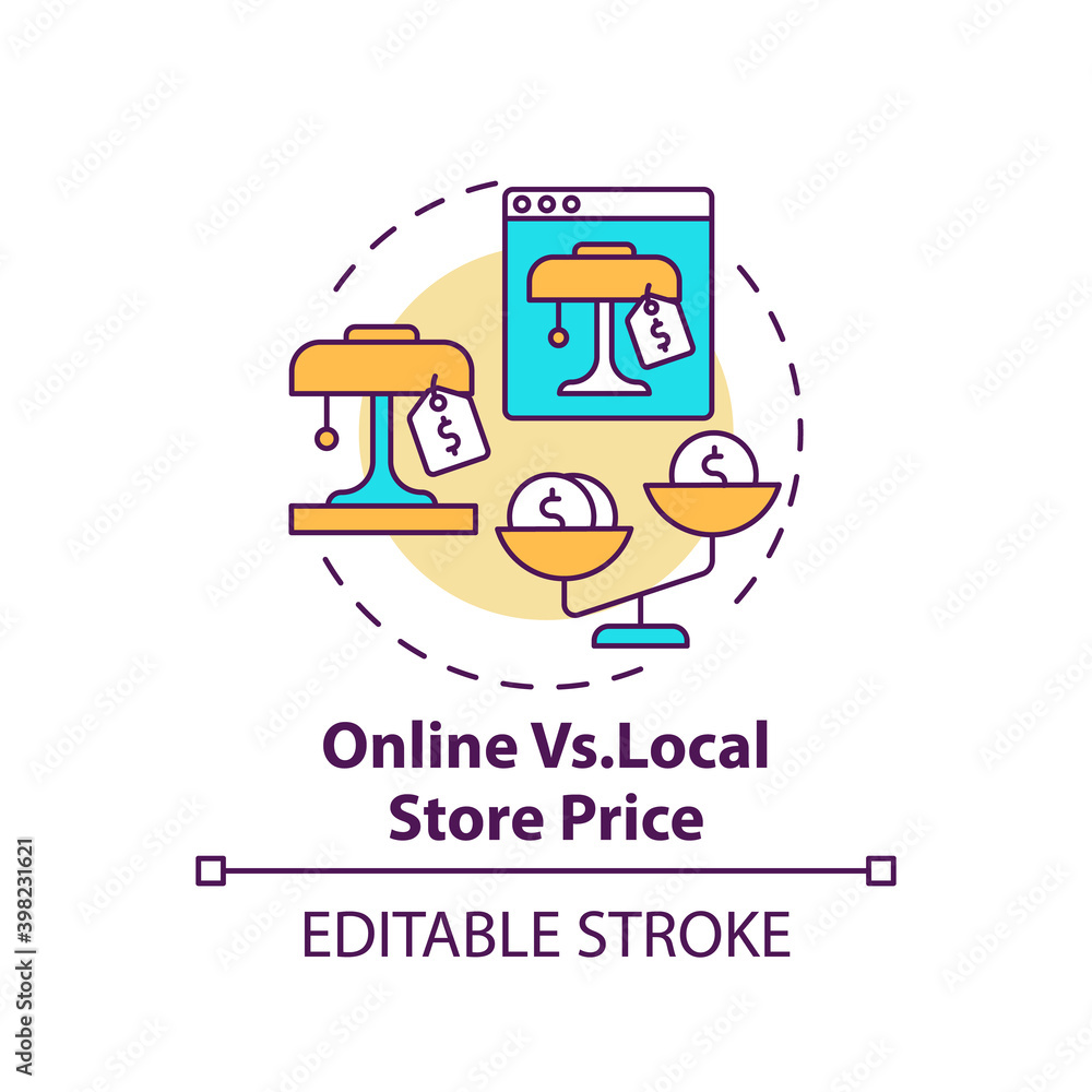 Online vs. local store price concept icon. Informed customer tip idea thin line illustration. Exclusive sales and discounts on websites. Vector isolated outline RGB color drawing. Editable stroke