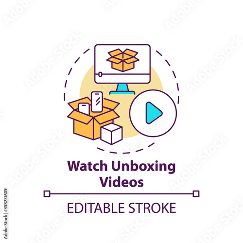Watching unboxing videos concept icon. Informed customer tip idea thin line illustration. Showing product in use. Online review. Vector isolated outline RGB color drawing. Editable stroke