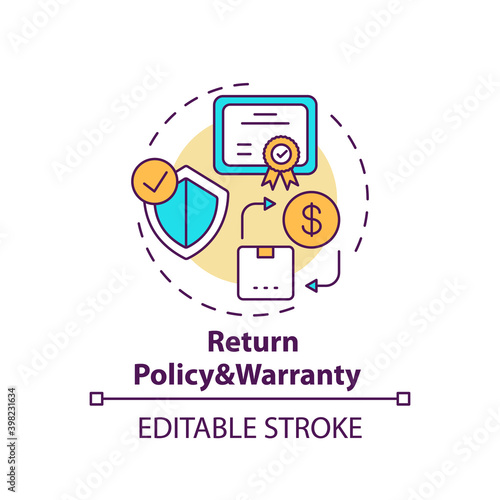 Returning policy and warranty concept icon. Informed customer tip idea thin line illustration. Refunding purchase price. Replacement goods. Vector isolated outline RGB color drawing. Editable stroke