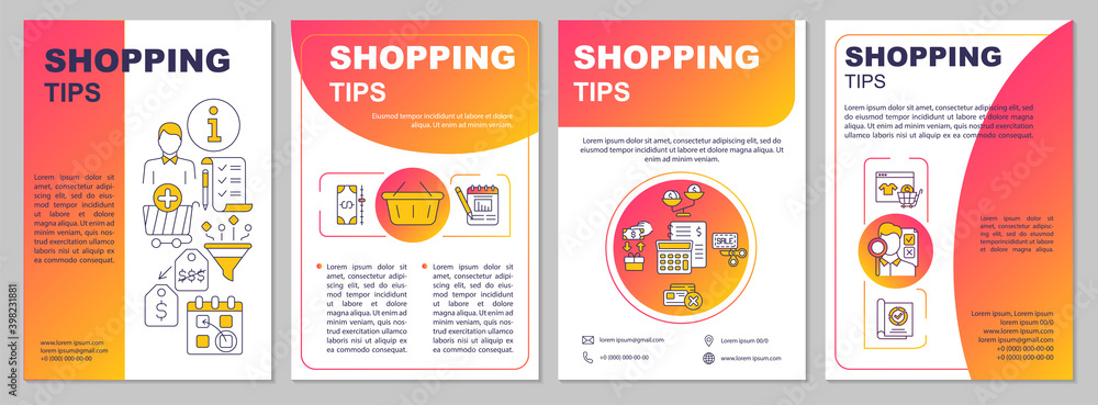 Naklejka premium Shopping tips brochure template. Sale, price comparison. Flyer, booklet, leaflet print, cover design with linear icons. Vector layouts for magazines, annual reports, advertising posters