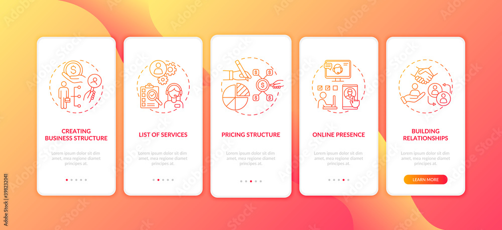 Business management red onboarding mobile app page screen with concepts. Online marketing. Startup development walkthrough 5 steps graphic instructions. UI vector template with RGB color illustrations Business management red onboarding mobile app page screen with concepts. Online marketing. Startup development walkthrough 5 steps graphic instructions. UI vector template with RGB color illustrations
