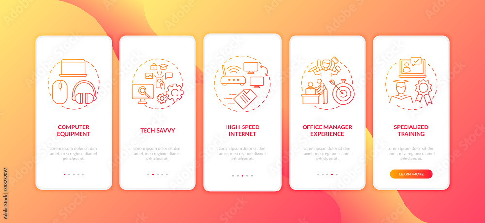 Employee skills red onboarding mobile app page screen with concepts. Specialized training for worker walkthrough 5 steps graphic instructions. UI vector template with RGB color illustrations