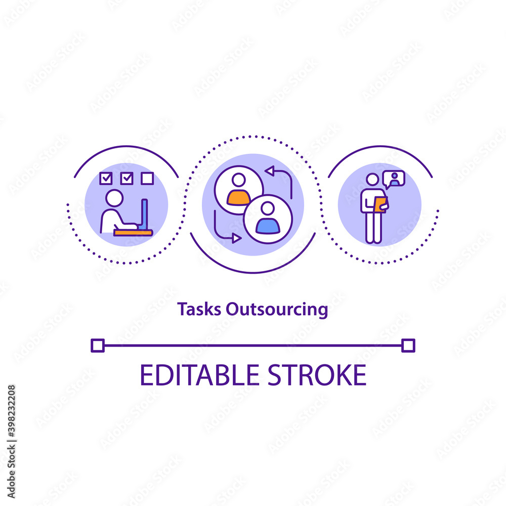 Tasks outsourcing concept icon. Managing outsourcing relationships idea thin line illustration. Administrative duties. IT operations. Vector isolated outline RGB color drawing. Editable stroke Tasks outsourcing concept icon. Managing outsourcing relationships idea thin line illustration. Administrative duties. IT operations. Vector isolated outline RGB color drawing. Editable stroke