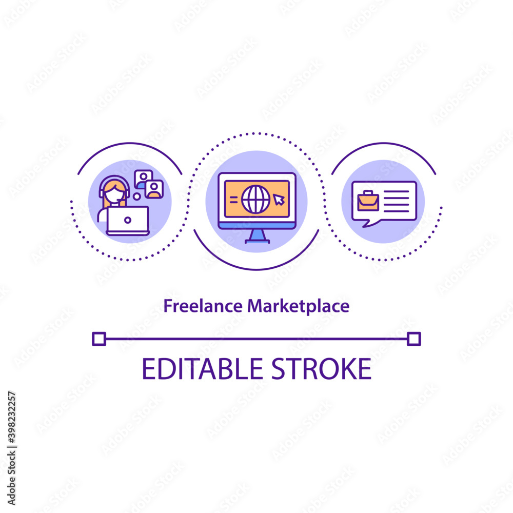 Freelance marketplace concept icon. Digital business idea thin line illustration. Cooperation with freelancers, individual contractors. Vector isolated outline RGB color drawing. Editable stroke Freelance marketplace concept icon. Digital business idea thin line illustration. Cooperation with freelancers, individual contractors. Vector isolated outline RGB color drawing. Editable stroke