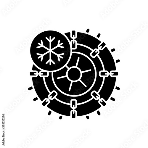 Studded tires and chains black glyph icon. Lifehack for auto owners in winter period. Moving on car while snow is falling. Silhouette symbol on white space. Vector isolated illustration