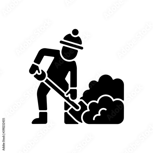 Hand shoveling black glyph icon. Removing huge amounts of snow with shovel. Hard work in winter. Cleaning area around your house. Silhouette symbol on white space. Vector isolated illustration