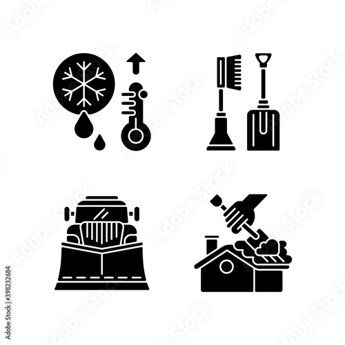 Winter cleaning service black glyph icons set on white space. High temperature snow melting. Snowy weather automobile helping tools. Roof ice removal. Silhouette symbols. Vector isolated illustration