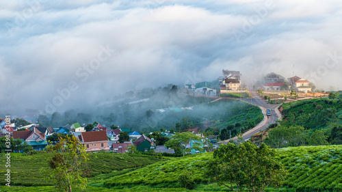 Many houses in in the mist in the morning. Early morning fog and mist burns off over large houses nestled in green rolling hills