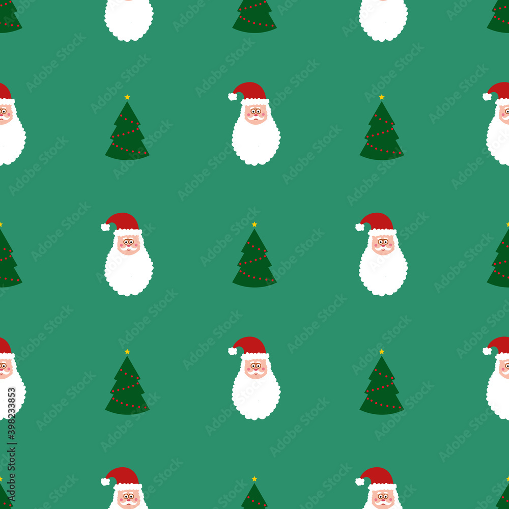 Seamless pattern with green christmas trees and Santa on green background. Abstract ,wrapping decoration. Merry Christmas holiday, Happy New Year Seamless pattern with green christmas trees and Santa on green background. Abstract ,wrapping decoration. Merry Christmas holiday, Happy New Year