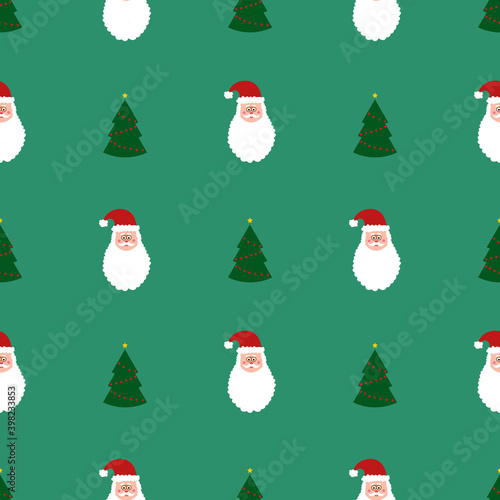 Seamless pattern with green christmas trees and Santa on green background. Abstract ,wrapping decoration. Merry Christmas holiday, Happy New Year