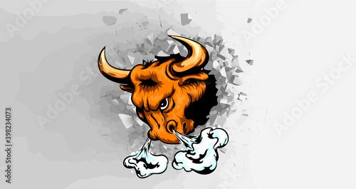 A raging bull breaking through the wall. Symbol of the year 2021