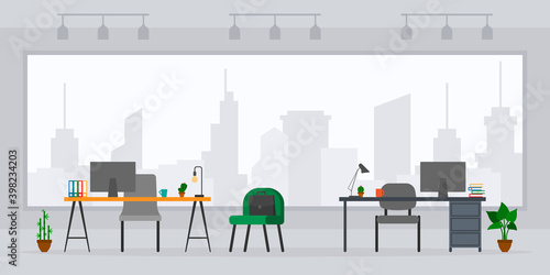 Design of empty office work place front view vector illustration. Flat style table, desk, chair, computer, building, desktop, big window isolated on cityscape background